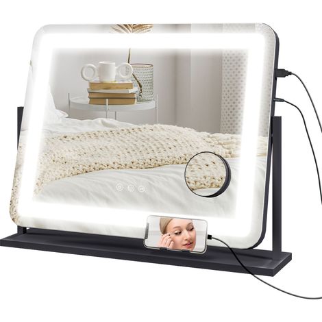 Specchio illuminato a LED con 3 modalità di illuminazione, ingrandimento 10x, porta di ricarica USB, comandi touch, 62,5 x 52 cm