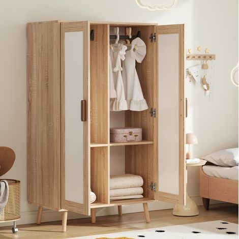 REDOM - Armario infantil de 2 puertas - 80x46x141.5 cm - con barra para colgar integrada y 1 estante - MDF - blanco y madera natural (1/5)