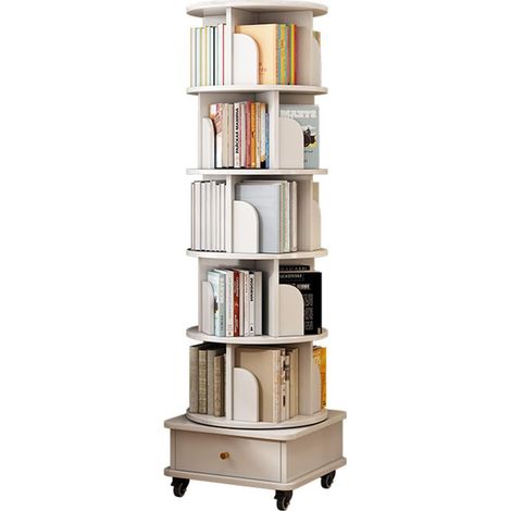 Librería giratoria 360° con ruedas y cajón, MDF blanco, 46 x 46 x 173 cm (1/5)