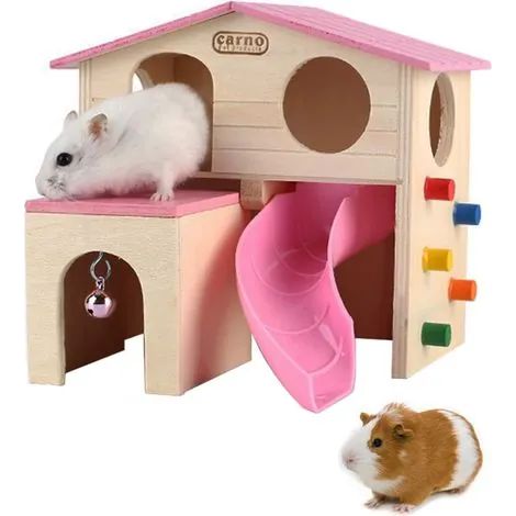 Cachette pour petits animaux de compagnie, maison pour hamster avec échelle amusante, toboggan, cabane en bois, jouets à mâcher pour petits animaux comme le hamster nain et la souris (rose) (1/3)