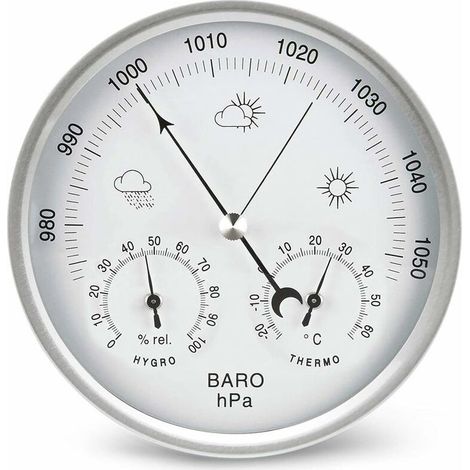 Baromètre Analogique 132mm avec Thermomètre et Hygromètre - Station Météo Murale Argentée, Mesure de Pression Atmosphérique en Unités Métriques (1/5)
