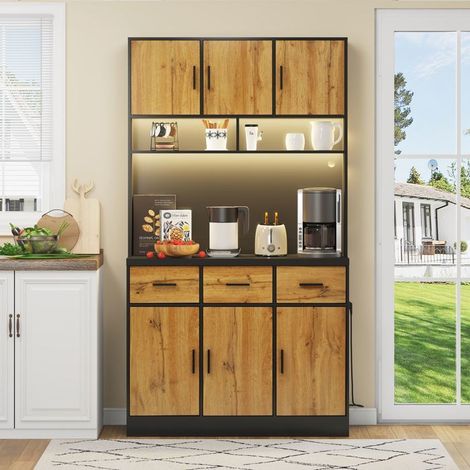 Meuble de cuisine - Naturelle - 100x40x180 cm - 6 portes - 3 tiroirs - Éclairage LED