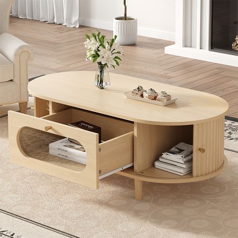 Table Basse 100x50x36 cm Bois – avec Tiroir, Porte Coulissante et 4 Pieds