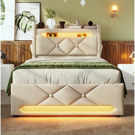 Bett modern 90x200 cm aus Leinen in Beige mit Stauraum-Kopfteil, USB/Type-C, 360°-LED und hydraulischem Bettkasten (1/5)