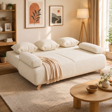 Beiges Cord-Schlafsofa mit Bettkasten und verstellbarer Rückenlehne, 3-Sitzer (1/3)