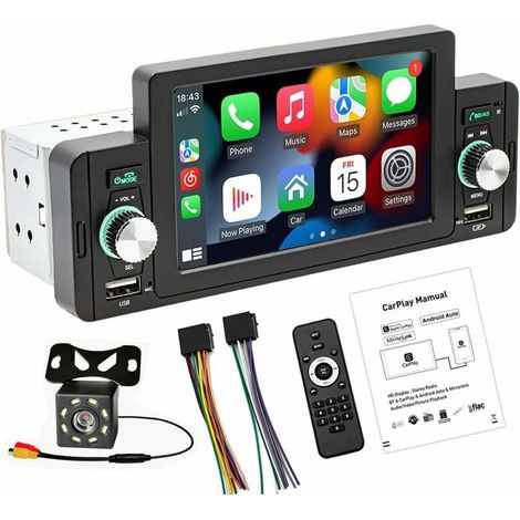 Autoradio Écran Tactile 5 Pouces - Bluetooth FM USB AUX Mirror Link - Caméra de Recul 8 LED - Compatible Android Auto CarPlay - 1 Din (1/5)