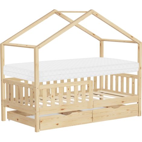 ML-Design Kinderbett Hausbett 80x160 cm Natur mit Matratze, Holzbett mit 2 Schubladen, Rausfallschutz und Lattenrost, Spielbett aus Kiefernholz, Montessori Bettgestell für Kinder, Bodenbett Bettenhaus