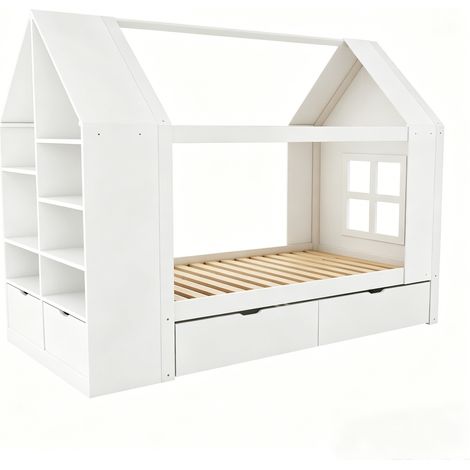 Kinder-Hausbett 90 x 200 cm mit 2 Schubladen, LED-Beleuchtung, Stauraum, Weiß (1/5)