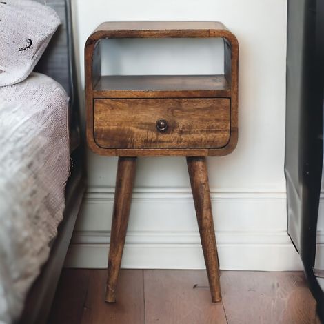 Table de chevet ouverte mini en bois massif, finition gris lavé, 1 tiroir, 1 niche ouverte, marron (1/5)