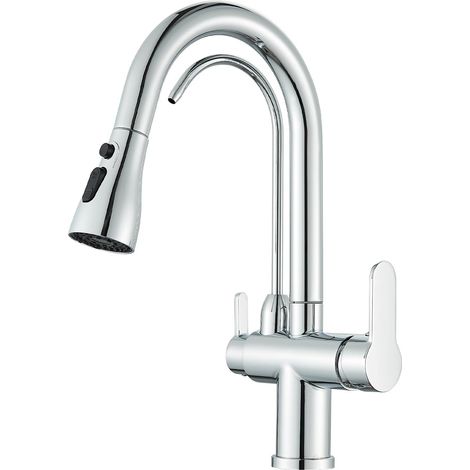 Robinet de cuisine 3 voies pour osmose, robinet de cuisine pour osmose avec 2 leviers, robinet d'osmose évier rotatif à 360°, douche amovible, acier inoxydable chromé (1/5)