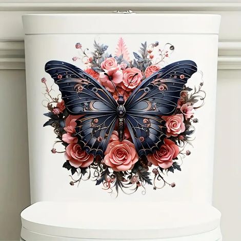 Autocollant mural imperméable pour abattant de WC Motif papillon foncé (1/5)