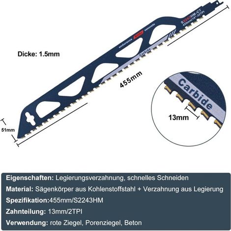 Lame de scie sabre 455mm – Acier au carbure pour béton, brique, fibrociment – Coupe précise et rapide – Compatible scies alternatives - S2243HM (1/4)