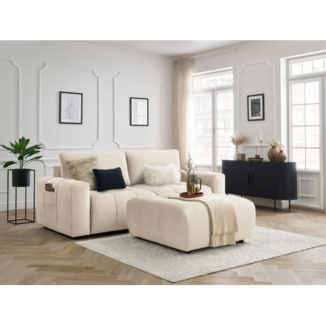 BOBOCHIC - Canapé droit convertible coffre ARSENE tissu velours avec pouf   Beige (1/5)