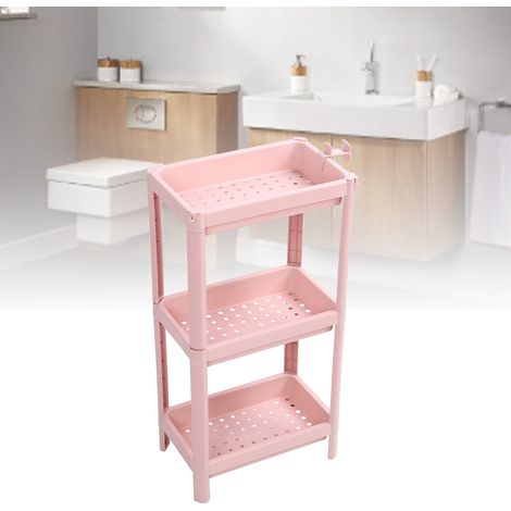 Étagère de rangement rose sur pied pour salle de bain, étagère de rangement étroite pour salle de bain, à trois niveaux (1/5)