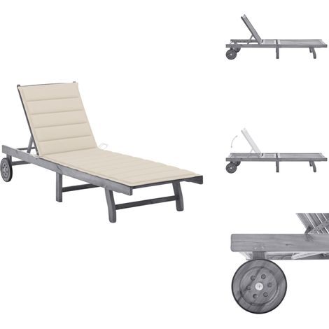The Living Store Chaise longue de jardin avec coussin Gris Bois d'acacia solide - Chaise longue bois (1/5)