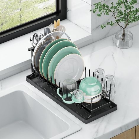 Égouttoir à Vaisselle Compact avec Tapis de Séchage Silicone - Rack de Séchage Acier Inoxydable, Range-Ustensiles et Gain de Place pour Cuisine, Camping-Car et Studio (Plan de Travail) (1/5)