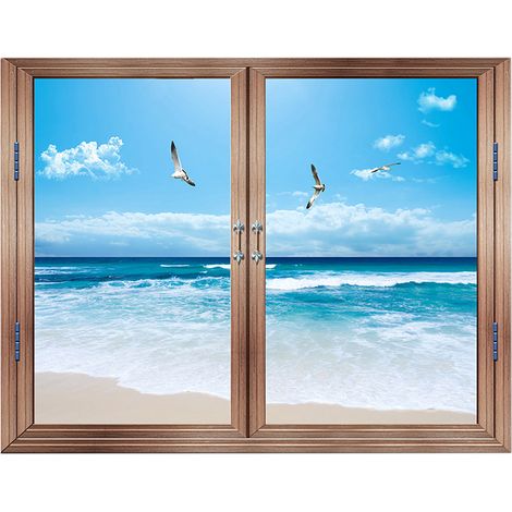 Sticker Mur Faux Fenêtre Paysage Lac - 57 cm x 90 cm - Décor Murale 3D Détachable - Pour Salle De Séjour Chambre Bureau (1/5)