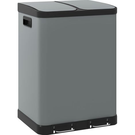 Cubo de basura doble 2x30 L con pedal y tapa, metal gris con cubos interiores extraíbles HOMVRA (1/5)