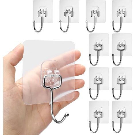 Selbstklebende Haken, 10 Stück 15kg (Max) Klebehaken Transparent, Handtuchhalter Ohne Bohren, Wandhaken Selbstklebend für Küche Bad Wand & Decke Aufhänger