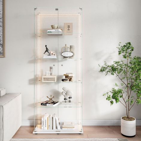 Vitrine en verre, vitrine pour collection, espace de rangement à 5 niveaux, avec bande lumineuse LED, base en métal, vitrine autoportante, Blanc (1/5)