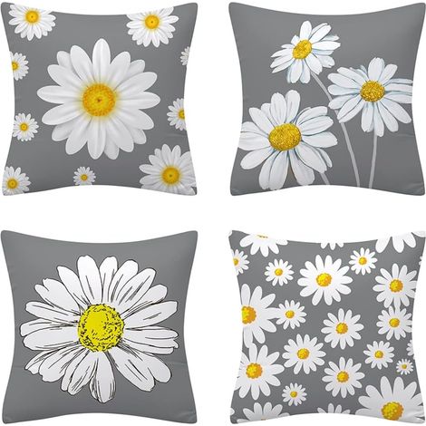 Set mit 4 grauen Dekokissenbezügen 45 cm x 45 cm mit gelbem und weißem Blumenmuster, weichem Polyester, dekorativ für Wohnzimmer, Sofa, Couch, Bett, Kissenbezüge 18 x 18 Zoll