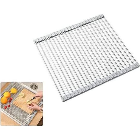 TAISHENGDA Rollbarer Geschirrtrockner, 100 % BPA-frei, faltbarer Abtropfkorb für die Spüle, ideal für Obst, Gemüse und Teller, silikonbeschichteter Edelstahl, 37 x 41 cm, Grau (1/5)