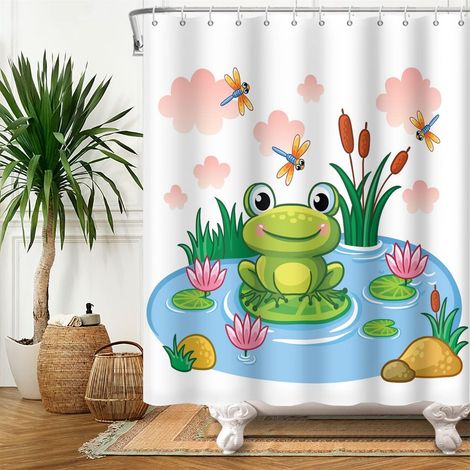175x190cm Mignon Grenouille Rideau de Douche Grenouille sur Lotus Feuille Étang Fleur Libellule Été Animal Blanc Rideau de Baignoire pour Enfants Salle Bains Polyester avec Crochets (1/5)