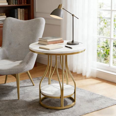 Tavolino rotondo 50x50x59 cm con 2 livelli, effetto marmo bianco e oro, in metallo e legno (1/5)
