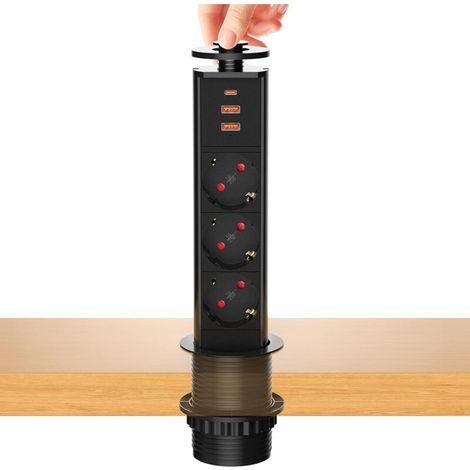 Multiprise Encastrable Bloc Prise Escamotable, Electrique 3 Prises avec USB C et 2 USB, Prise Plan de Travail Table, 4000W/16A, Ø 60mm Câble 1,8m - pour Cuisine Bureau Noir (1/5)