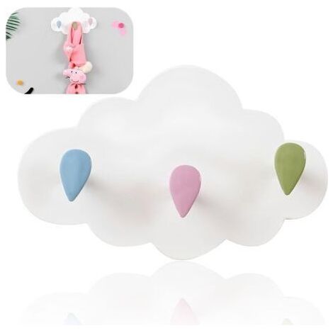 Pair Patère Murale Enfant Forme Nuage - 3 Crochets Porte-Manteau, Installation Sans Perçage pour Chambre d’Enfant (1/4)