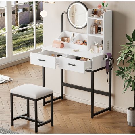 Coiffeuse Meuble avec Miroir LED et Tabouret,2 Tiroirs + 2 Surfaces de Rangement Ouvertes,Meuble coiffeuse,Moderne,Adulte,femme,fille,maison - Noir (1/5)