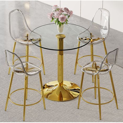 Ensemble bar 89 cm verre transparent et métal doré, 4 tabourets, pour petite cuisine – MEUBLIV (1/5)