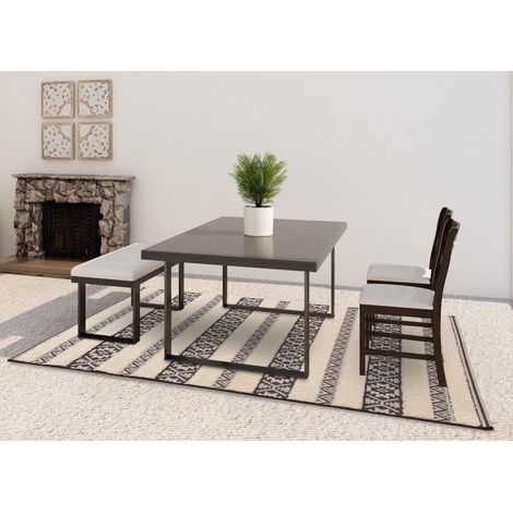Tribal Striped Outdoor Rug for Garden, Patio, Balcony, Picnic, Bedroom Living Room Flatweave Black Cream Rug in Small 80x150 cm (2'6"x5')