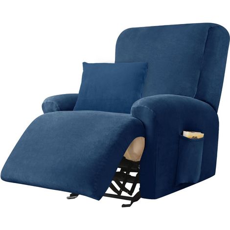 Stretchhusse für Relaxsessel, 4-teilig, Samt, mit Kissenbezug und Taschen, Blau (1/5)