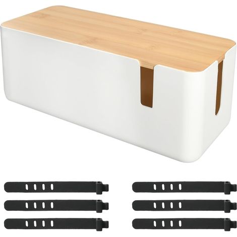 Boîte de Gestion des Câbles 6 Serre-câbles, Boite Cache Cable, Boîte de Rangement pour Cordon avec Couvercle en Bambou Bureau, Rangement pour Multiprises, Organisateur Cable, Cacher Câbles (Blanc) (1/5)