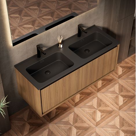 Mueble de baño suspendido de 121 cm con doble lavabo de resina negra y 2 cajones roble (1/5)