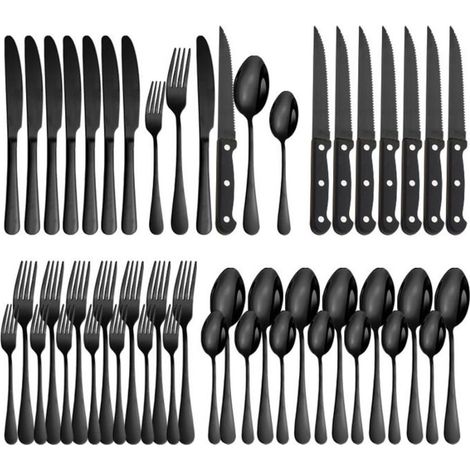 Cellfast – Ménagère 48 pièces en acier inoxydable poli miroir – Service pour 8 personnes avec couteaux à steak – Ensemble de couverts noir