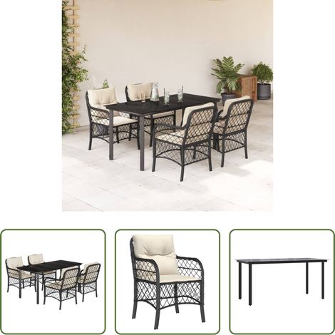 Gartenessgruppe - 5-tlg. Garten-Essgruppe mit Kissen Schwarz Poly Rattan (1/5)