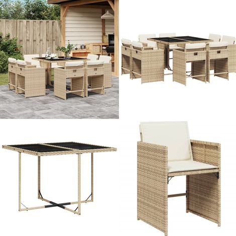 Ensemble à manger de jardin et coussins 9 pcs beige Poly rotin - Salon De Jardin - Meuble De Jardin - Set De Jardin - Table De Jardin - Chaises De Jardin - Home & Living