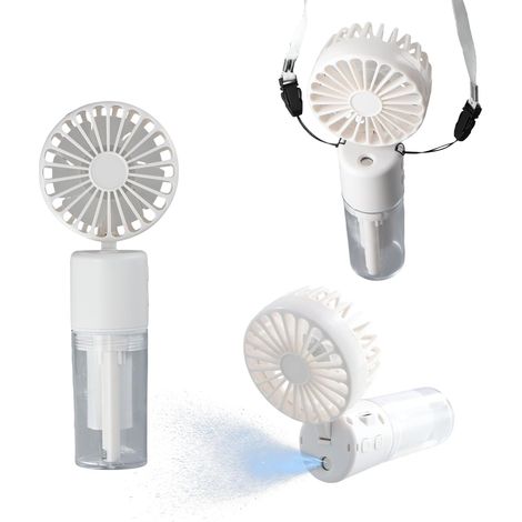 Ventilateur portable 3 en 1, mini ventilateur, silencieux, rechargeable, avec réservoir d'eau et cordon, pliable à 180 degrés, 4 vitesses, pour la maison ou le bureau, autonomie de 6 à 8 heures (blanc