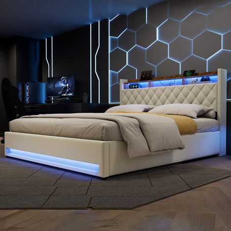 Lit 180x200 cm Rembourré Velours Beige, Design Ergonomique avec Mousse Haute Élasticité, Anti-taches Facile à Nettoyer - Confort Optimal (1/5)