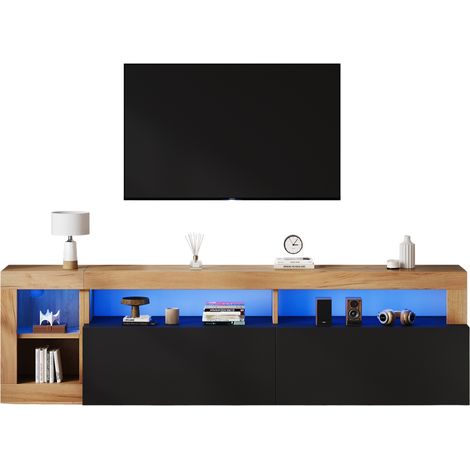 CHICFURN Meuble TV LED pour téléviseur jusqu'à 80 pouces, noir et bois clair, 184x42x58 cm, rangement ouvert et fermé, passe-câbles, portes abattantes (1/5)