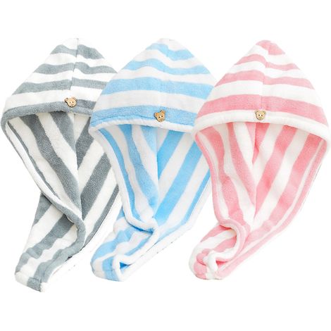 Lot de 3 Serviette cheveux, Microfibre, Ultra-absorbant, Doux, Bouton fixation, Salle de bain (1/5)