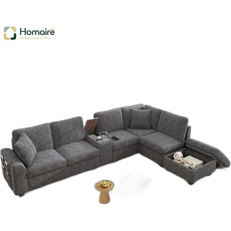 Canapé modulable en velours côtelé gris avec rangement, port USB et accoudoirs 311 x 139 x 85 cm HOMAIRE (1/5)