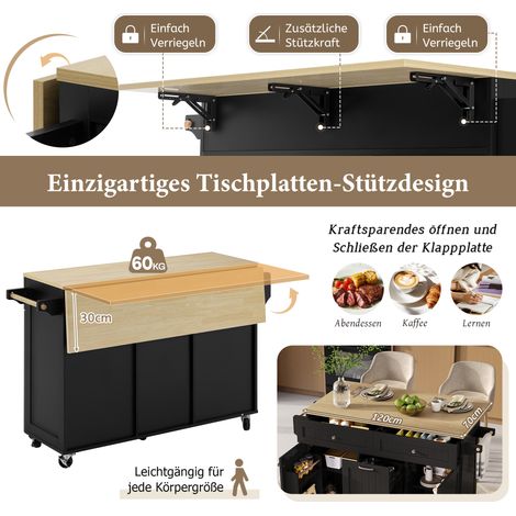 Île de cuisine mobile avec roulettes, table escamotable, tiroirs multifonctions, extensible, idéale pour cuisine et salle à manger (Noir) (1/5)
