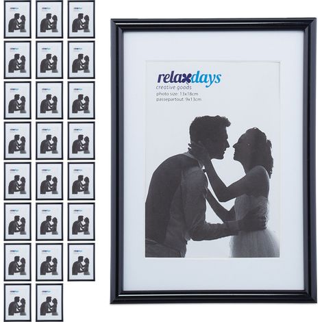 Relaxdays Set of 24 Photo Frames, 13 x 18 cm, Passepartout 9 x 13 cm, Standing or Hanging, Glass Front, Black (1/5)