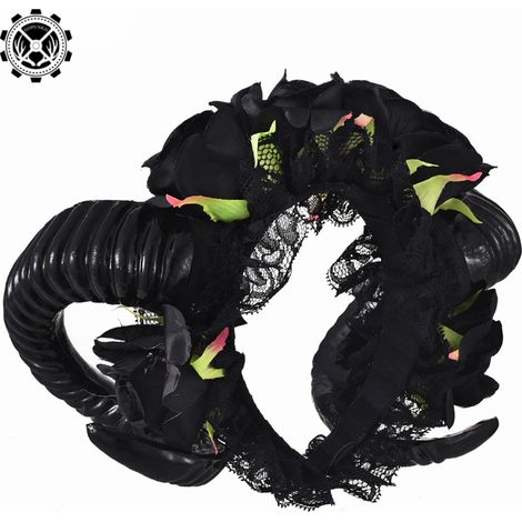 Halloween-Stirnband mit schwarzer Rose, Vampir-Dämonen-Schafshorn-Schleier, Haaraccessoire, Cosplay-Stirnband, Gothic-Accessoires (1/5)