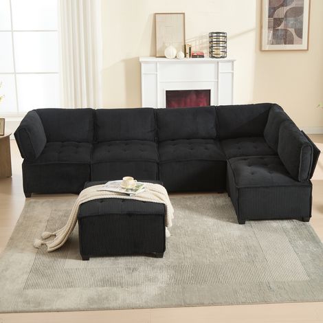 Sofá modular de 6 plazas 308 cm en tejido de pana negro HAVRYA (1/5)