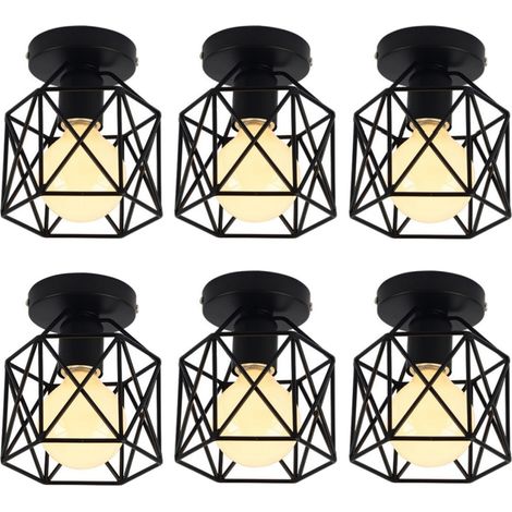 Plafonnier Industrielle Vintage Lampe de Plafond Cage en Métal Suspension Luminaire E27 Noir Ø15CM pour Salon Chambre Café Bar - 6Pcs (1/4)
