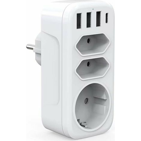 Prise Multiple USB, Multiprise Murale 3 Prises et 3 Ports USB 3A, Chargeur USB Multiple 6 en 1 4000W, Multiprise USB pour la Maison Le Bureau Les Voyages Compatible avec Phone, Portable, (1/4)